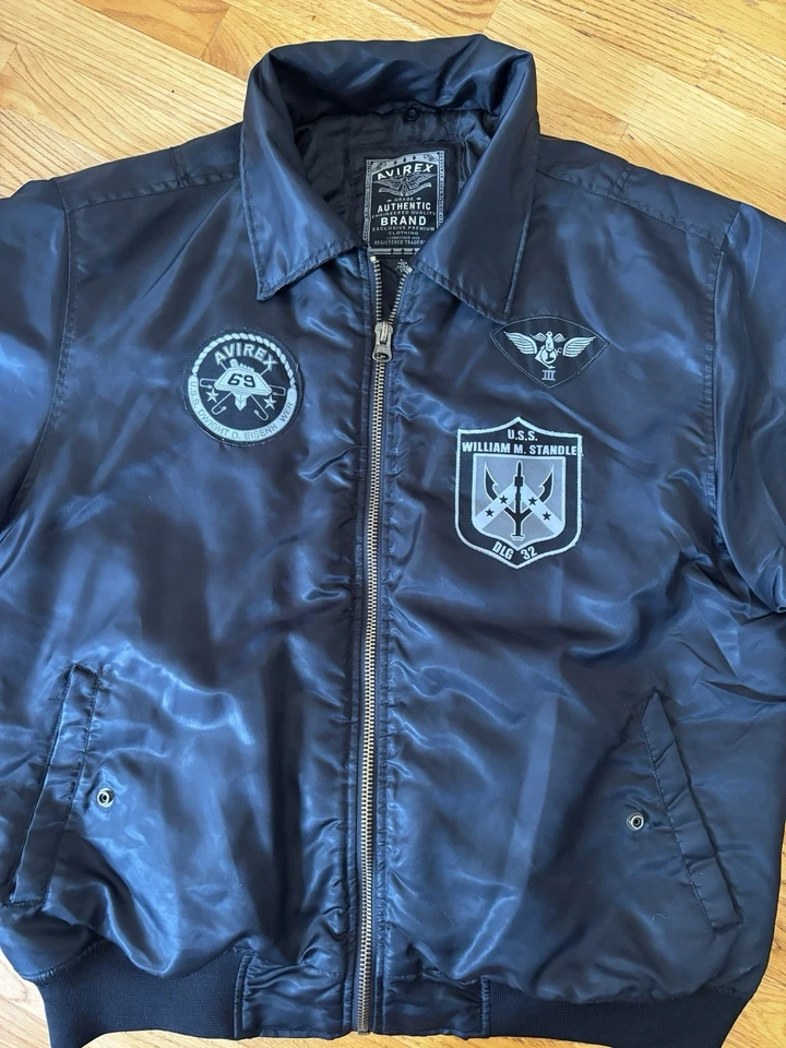Avirex Hombre Chaqueta de Vuelo Negra Parches Cremallera Nylon Talla L Foto 3 de 4