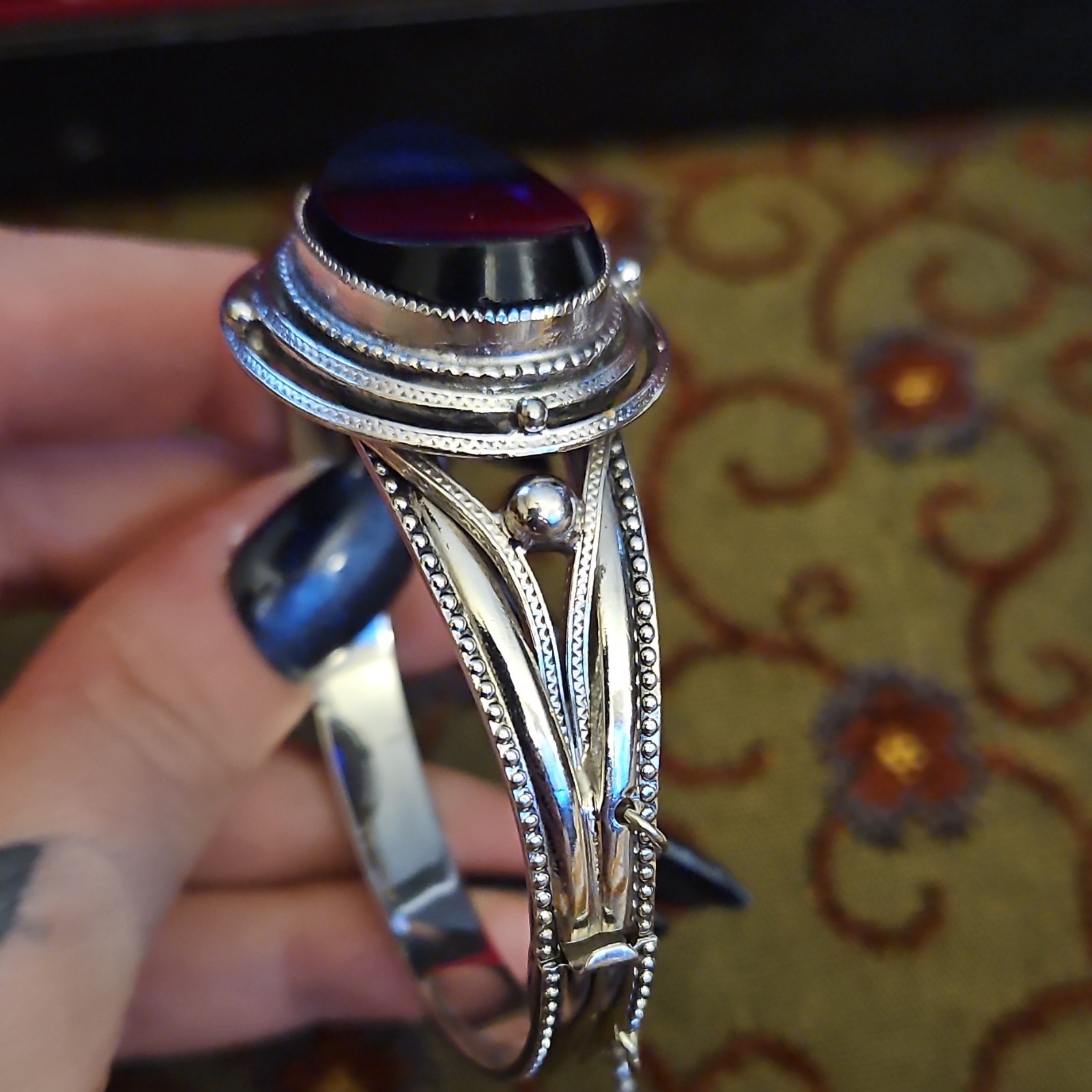 Middle Eastern Silver Cuff Bracelet with Blue Ova… - image 6