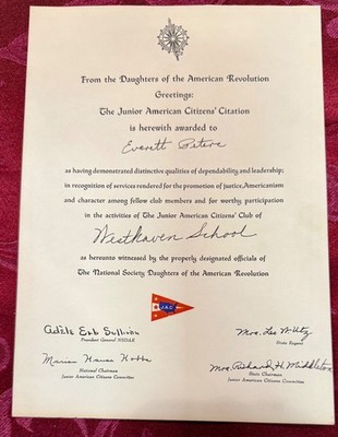 Vintage DAR Junior American Citizens Citation Certificate Westhaven School JAC