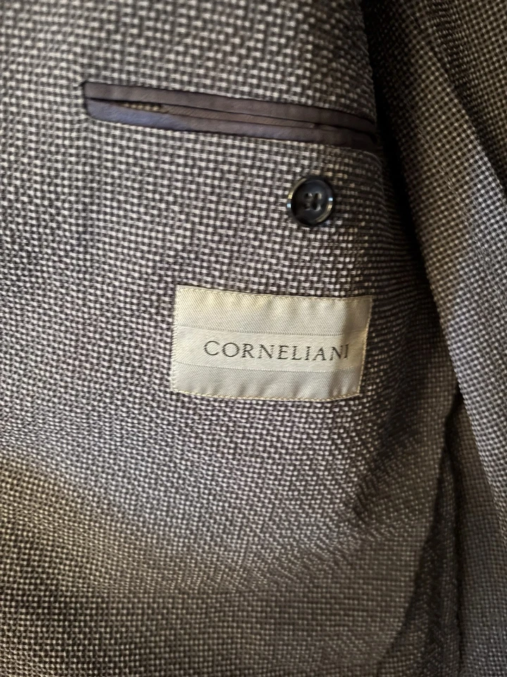 Corneliani NY64 9 2 门西装外套夹克男式灰色双扣处女羊毛 46R — 第 2/4 张图片