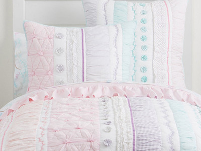 Pottery Barn Kids Bailey Ruffle Full/Queen Quilt +1 Sham Aqua Pink Purple New