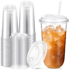 50 Sets Round Bottom Plastic Cups with Strawless Sip Lids Disposable PET Cups...