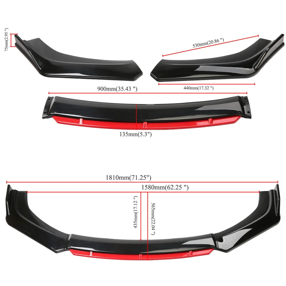 For VW Polo 8 GTI TSI R-Line Front Bumper Lip Splitter Spoiler Kit Black+Red - Imagem 2 de 4