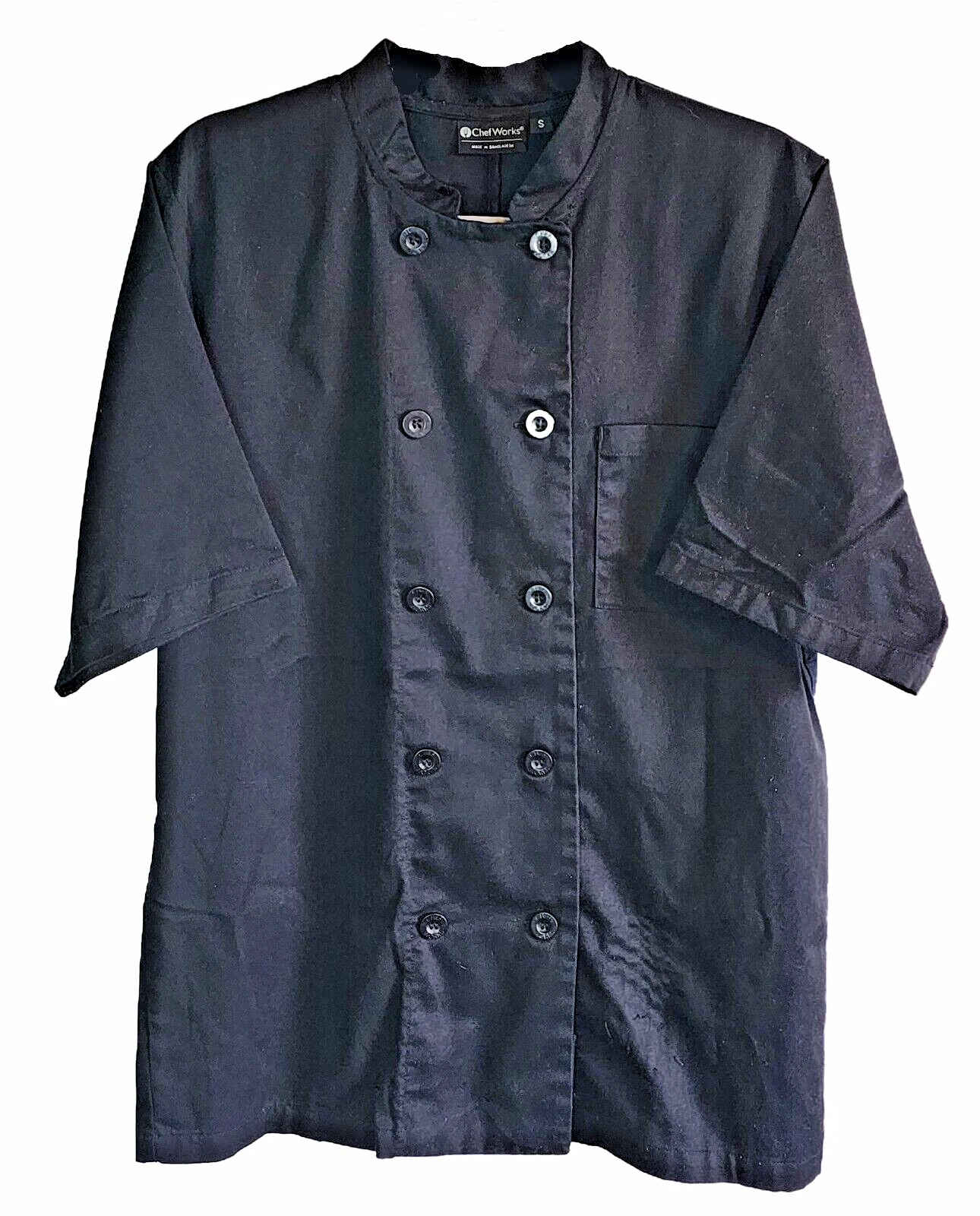 CHEFWORKS shirt, unisex, black, short sleeve, 10-button front, Size S (6NB7)