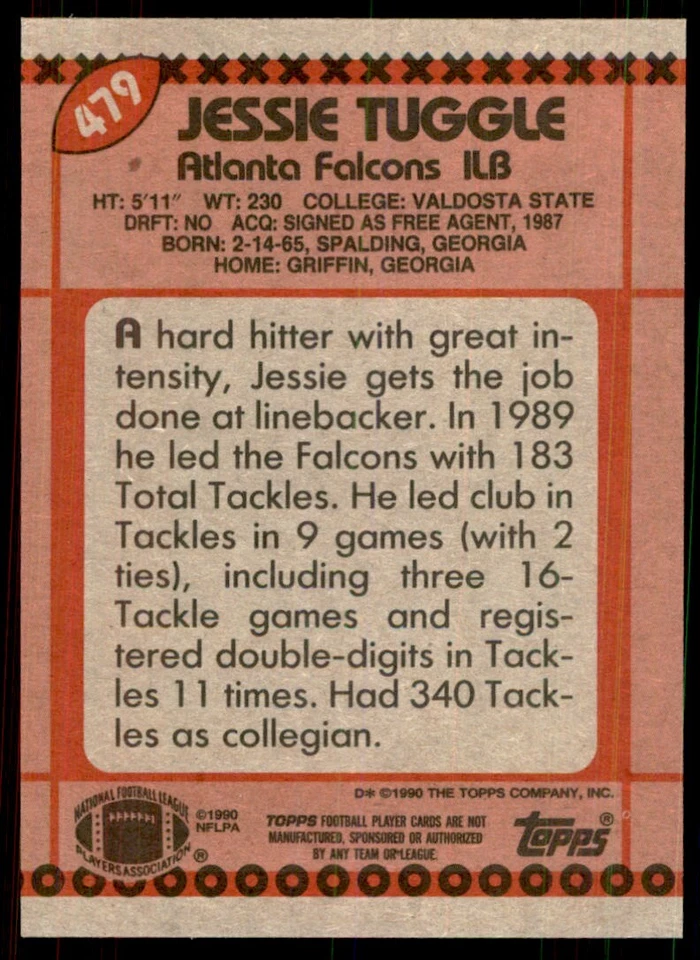 1990 Topps Jessie Tuggle Football Cards #479 - Image 2 of 2