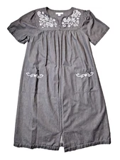 Go Softly Patio Dress SZ S Black Denim Embroidered Floral Grandma Granny EUC