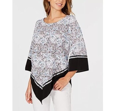Alfani Womens Petite Medium Blue Splat Printed Poncho Blouse NWT G60