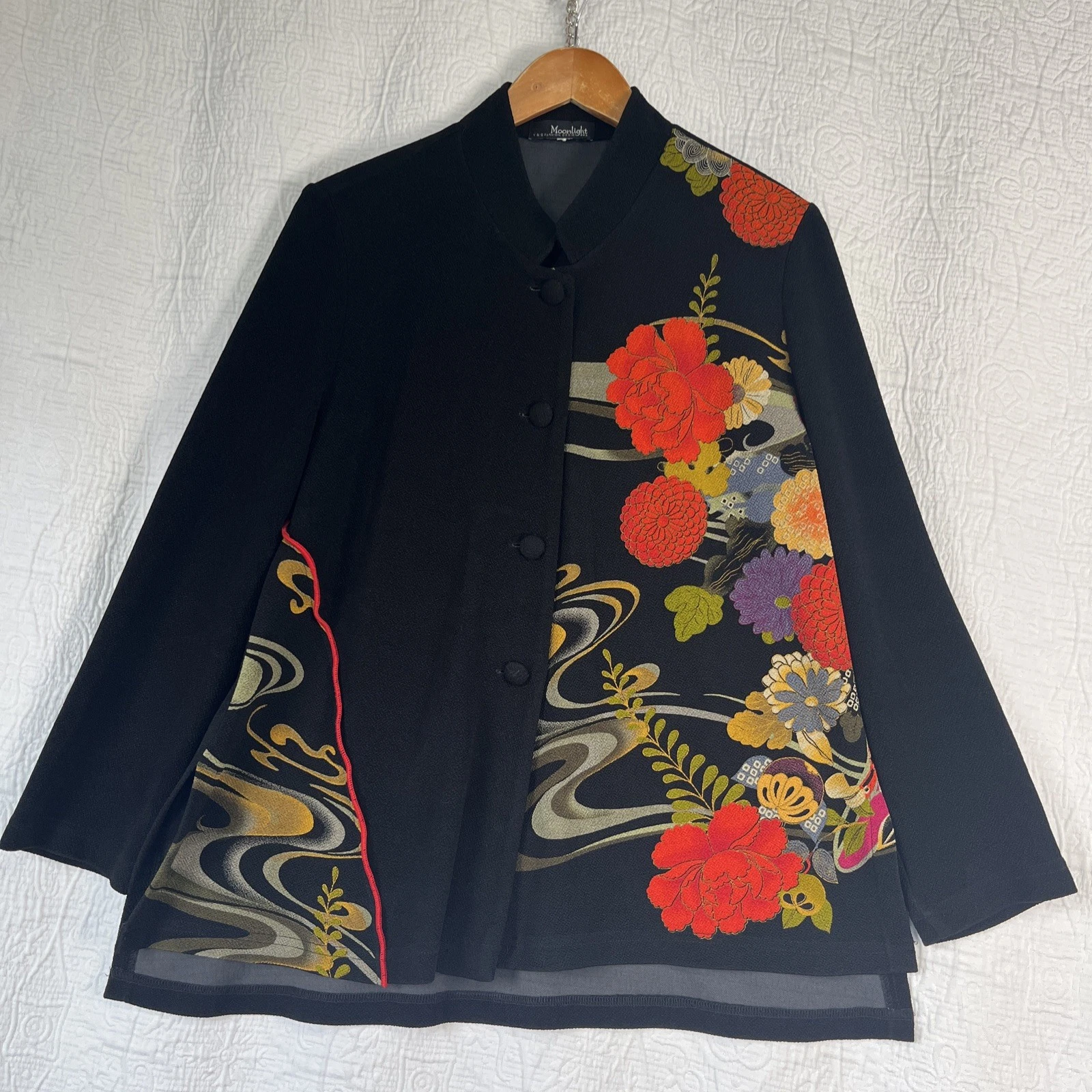 Moonlight Jacket Womens M Black Floral Asian Print Button Mandarin Collar Coat