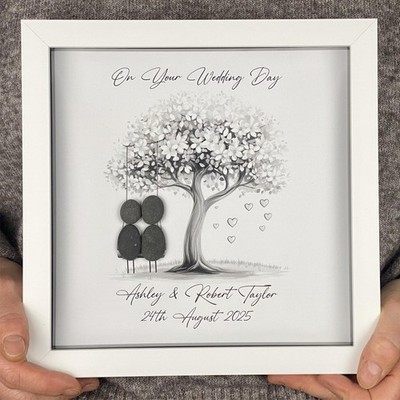 Personalisiert am Hochzeitstag Kiesel Kunst Geschenk Mr & Mrs Andenken Silber Schaukel