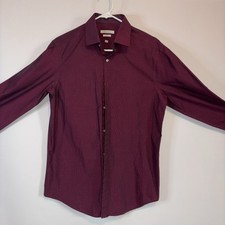 Perry Ellis Portfolio Mens Dress Shirt L 15.5 32/33 Slim Fit Red Burgundy Cotto