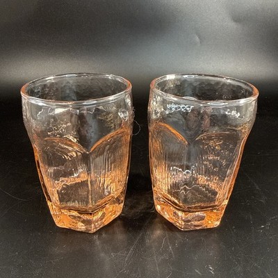 Set Of 2 Vintage Libbey Chivalry Juice Glass Tumblers Pink Six Panel 3.75  Tall