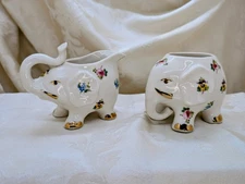 Grace’s Teaware Elephant Creamer & Sugar Set Floral Animal Figural Tea Gold 