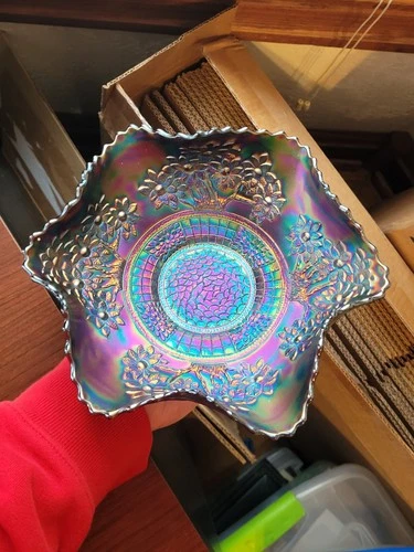 Pretty Blue Fenton Carnival Glass Orange Tree Pattern Ruffled Bowl