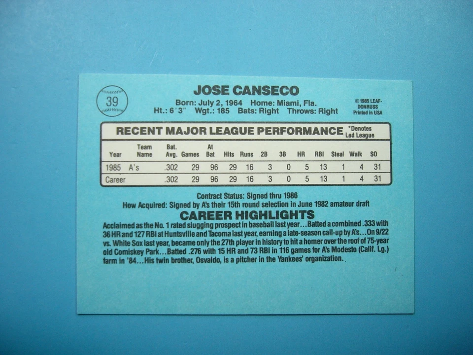 Tarjeta de béisbol Donruss MLB 1986 #39 José Canseco novato radiocontrol ¡afilada! AUTÓGRAFO AUTO Foto 2 de 3