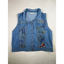 Saint Germain Paris Vintage Denim Vest Floral Embroidered Size Large Made in USA