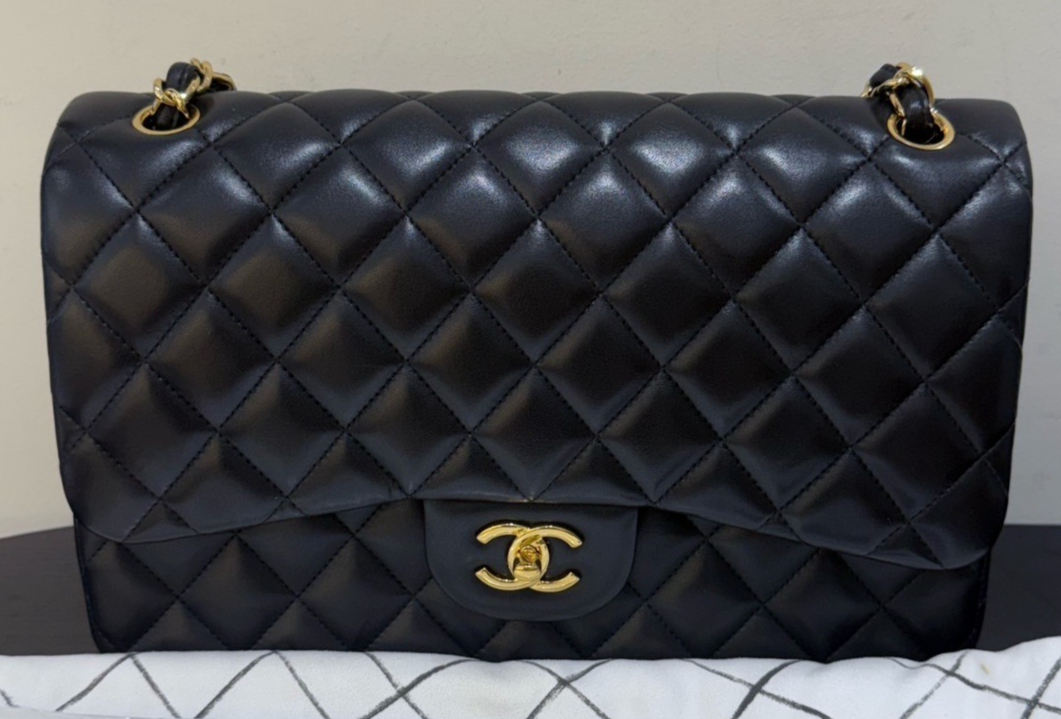 Chanel Classic Flap Jumbo Lambskin Chain Shoulder Bag Black Gold Women Diamond