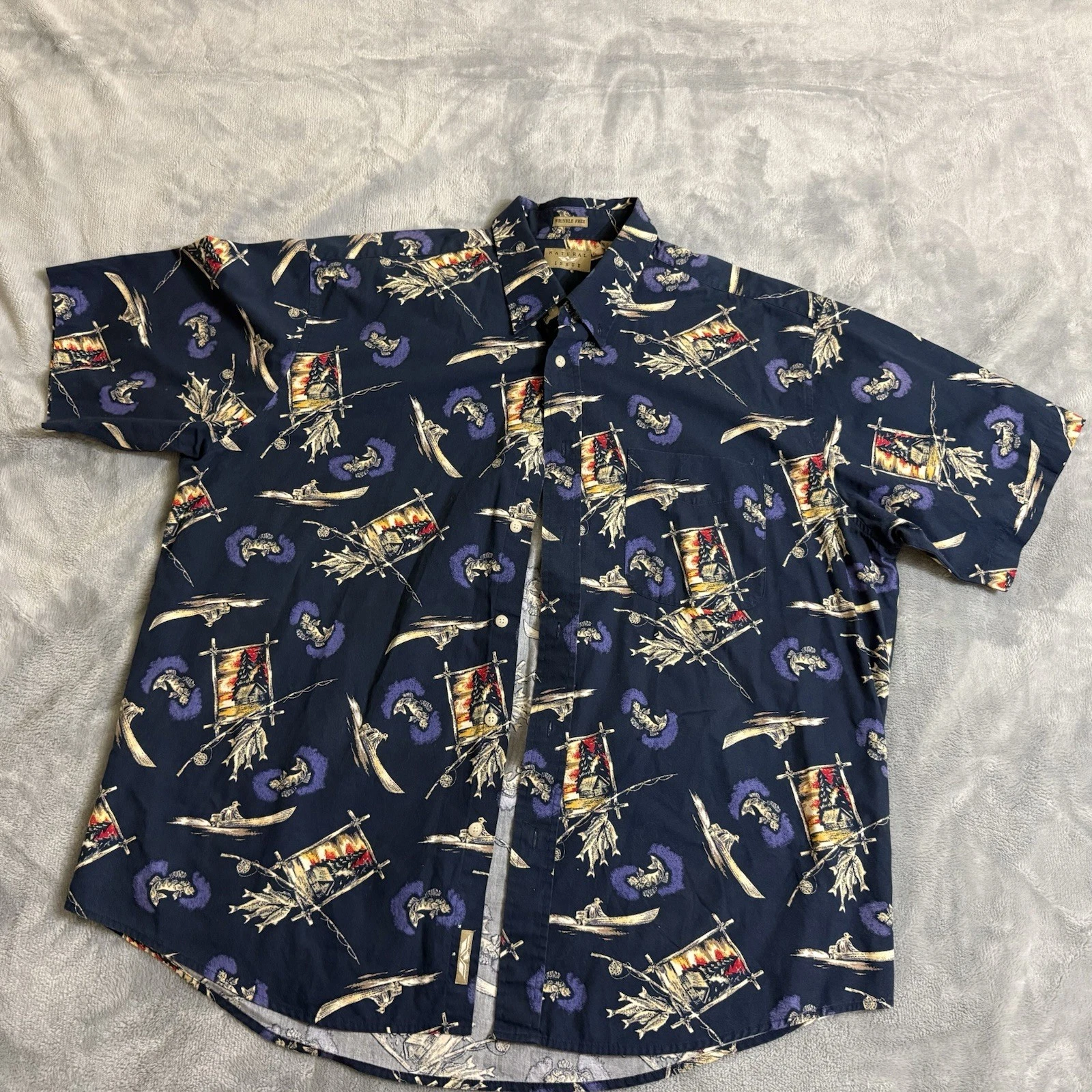 Vintage Natural Issue Button Down XL Men's Blue Fishing Camping Hawaiian Shirt