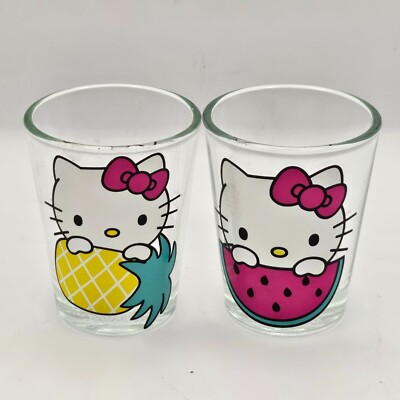 Hello Kitty Glass Shot Glasses Set of 2 Sanrio 1.5 oz 2.5'' Pineapple Watermelon