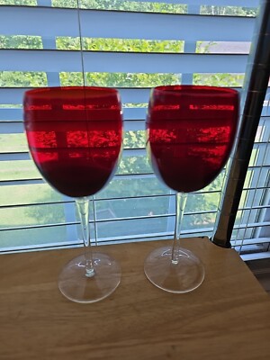 Pair (2) of 8 oz Red Bowl Clear Stemmed Glasses Wine Water Ice Tea 8 1/4''
