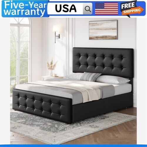 ✅Full Size Bed Frame with 4 Storage Drawers and Headboard Upholstered Platform