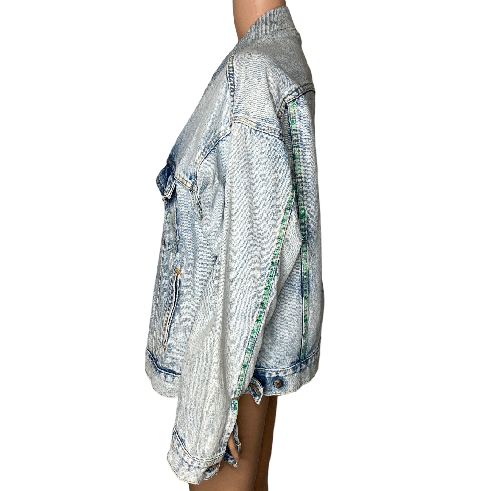 vintage levis trucker jacket womens XL custom design light wash painted thumbnail 10