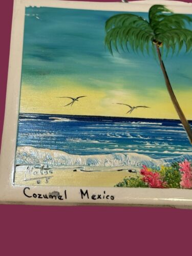Cozumel Mexiko Fliese handbemalt signiert 2005 Strandszene bunt Original Kunst - Bild 3 von 7