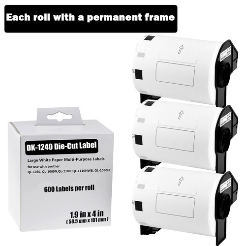 3Rolls 4"×2" Large Paper Multi-purpose Labels 600P/R DK-1240 for Brother QL-500
