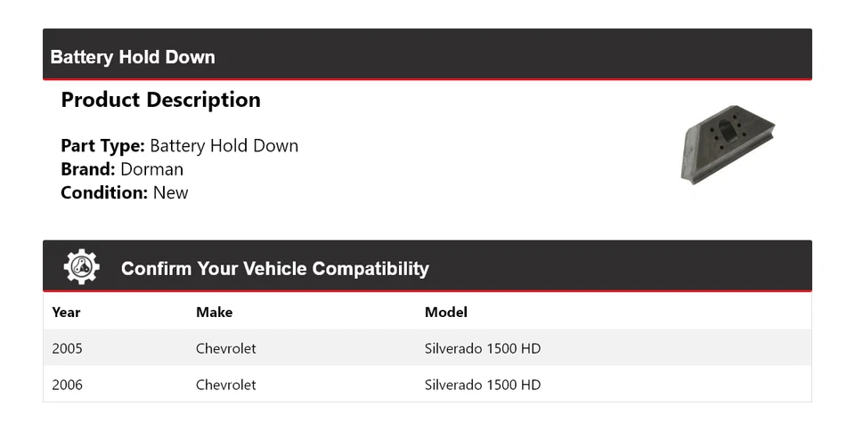 For 2005-2006 Chevrolet Silverado 1500 HD Dorman Battery Hold Down - Image 2 of 4