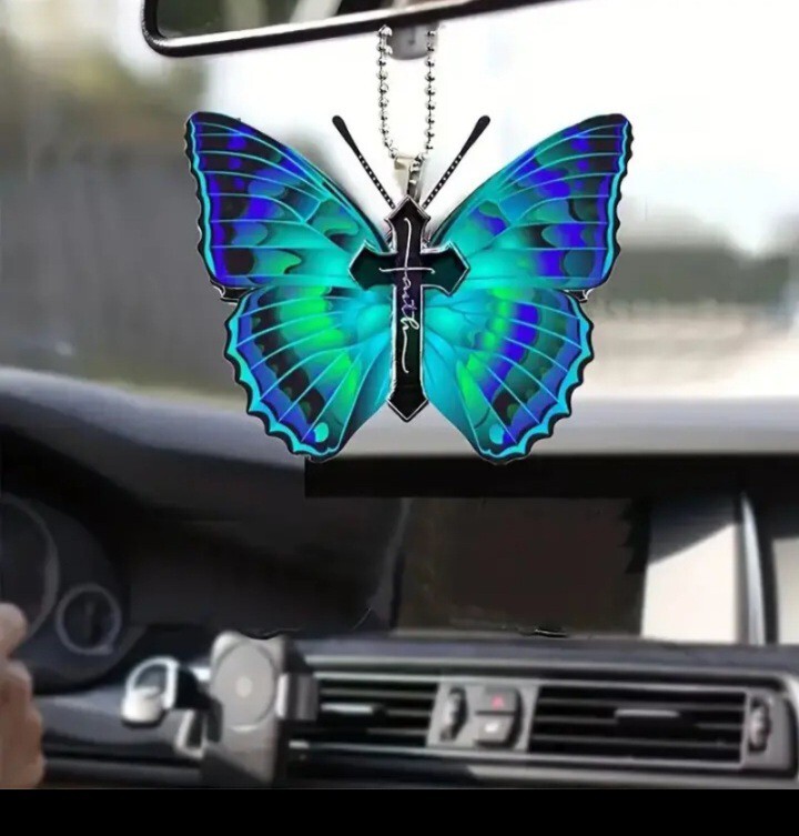 New Butterfly Faith Cross Acrylic Pendant Car RV Mirror, Necklace, Purse Charm