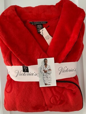 Victorias Secret Soft Short Cozy Plush Robe Red Embossed with Black ...