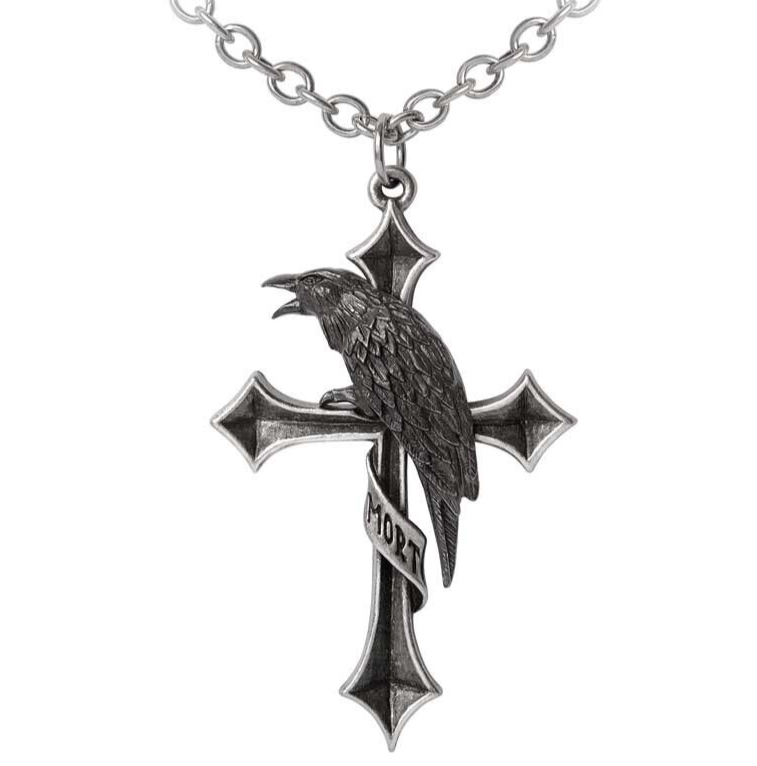 ネックレス ALCHEMY GOTHIC: FOLIES DU MORT pendant Alchemy Gothic Crus Corvis Pendant Black Raven Cross Mort Goth