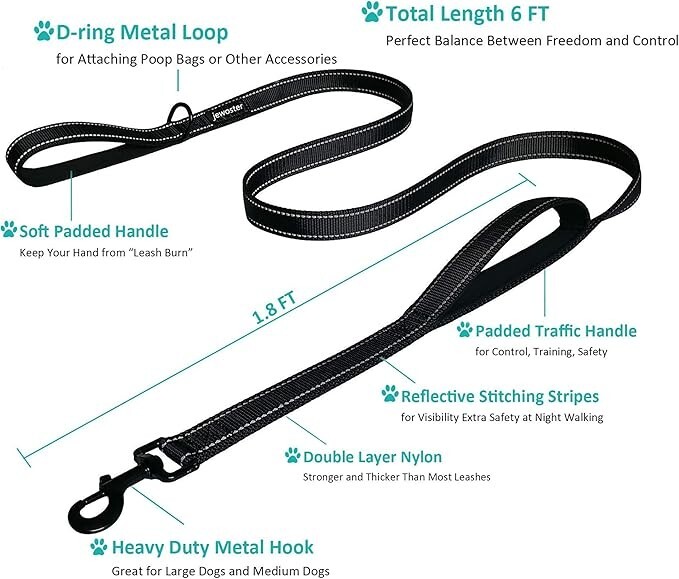 6Ft Heavy Duty Dog Leash with 2 Padded Handles for Large Dogs