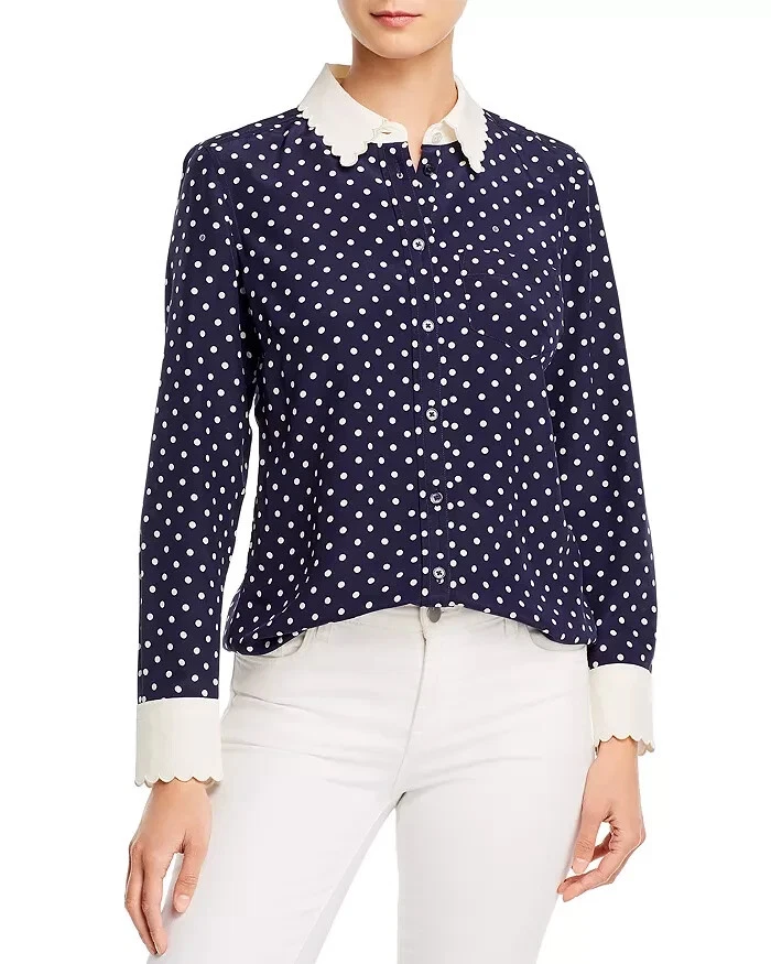 全新,Tory Burch 扇形边缘丝绸圆点印花衬衫,尺寸 10 #T3168 — 第 2/4 张图片