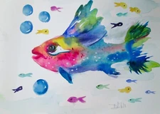 Fish by Delilah Art watercolor colorful original impressionism bubbles