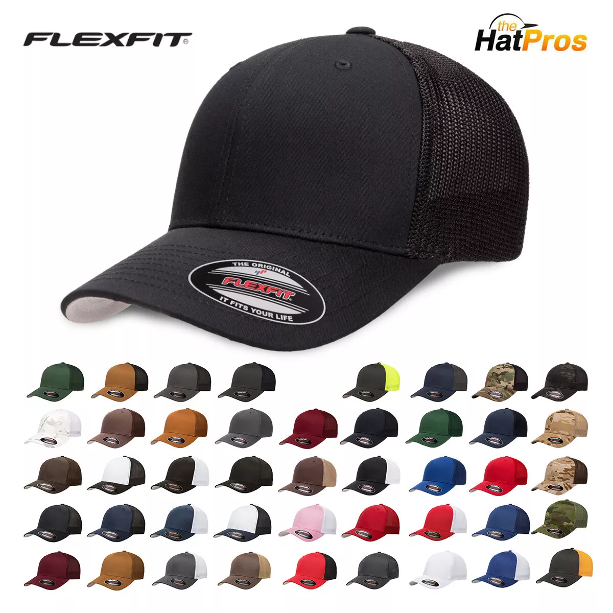 Flexfit Trucker Hat 6511 Fitted Mesh Baseball Cap Plain Blank Flex Fit OSFM  | eBay