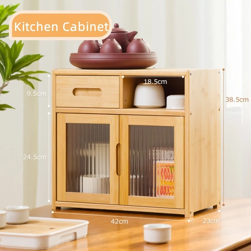 Bamboo Countertop Cupboard 2 Tier Pantry Kitchen Desk Tea Coffee Storage Cabinet - image 2 of 4