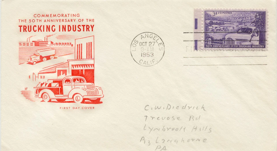 USA 1953 50 Years Truck Industry in the USA 3 C. VARIETY Colour-Error FDC's - Image 3 of 4