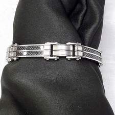 Mens Stainless Steel Bracelet With Black Carbon Fiber Inlay 8.25"
