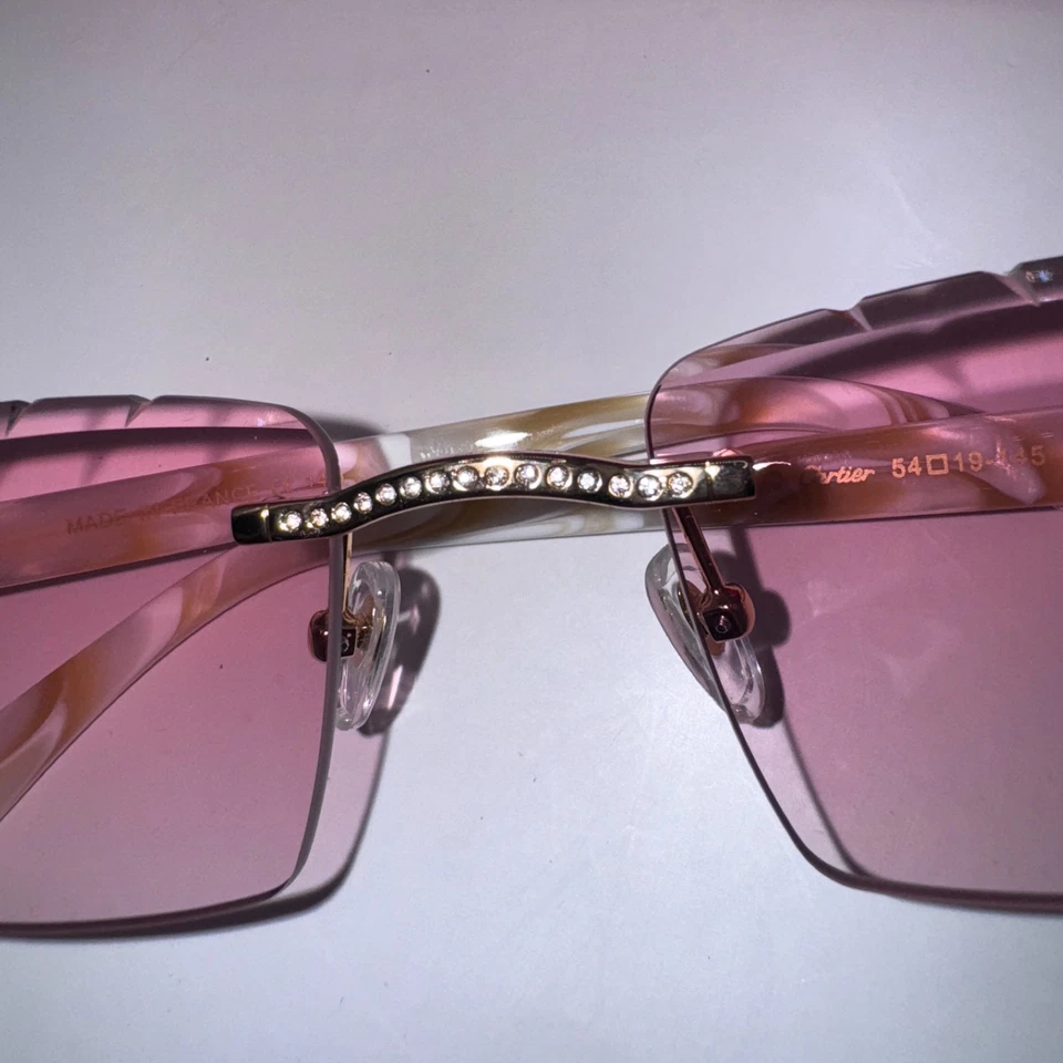 Gafas de sol Cartier Buffs lente corte diamante tinte rosa diamante cuerno blanco Foto 4 de 4