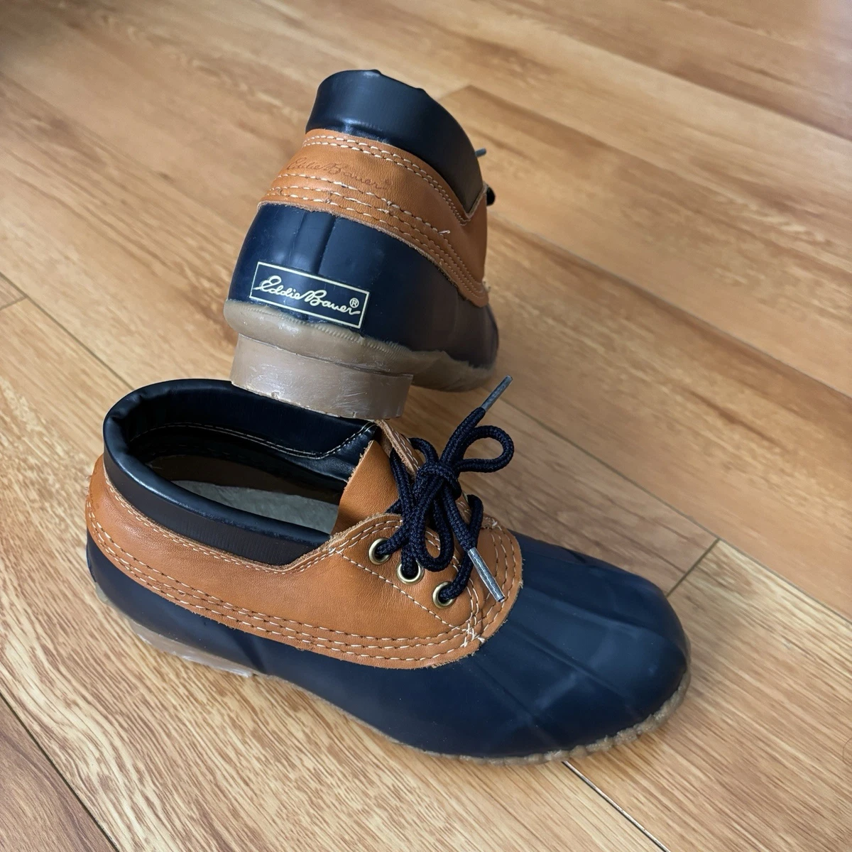 Eddie Bauer Duck Shoes Mens 9 Navy Blue Brown Leather Rubber Rain Mud Boots 4072 Vintage Duck Boots Eddie Bauer Mens 10 Winter Boots Leather  main image 4