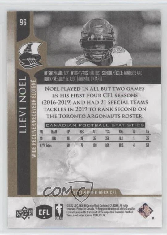 2021 Upper Deck CFL Gold /50 Llevi Noel #96 - Image 2 of 2