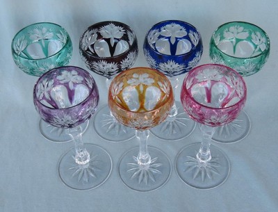7 VINTAGE TRITSCHLER WINTERHALDER MULTICOLOR CUT TO CLEAR CORDIAL GLASSES