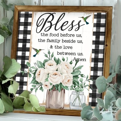 Vintage Bless the Food Wooden Plaque Retro Farmhouse Christian Wall Art Decor
