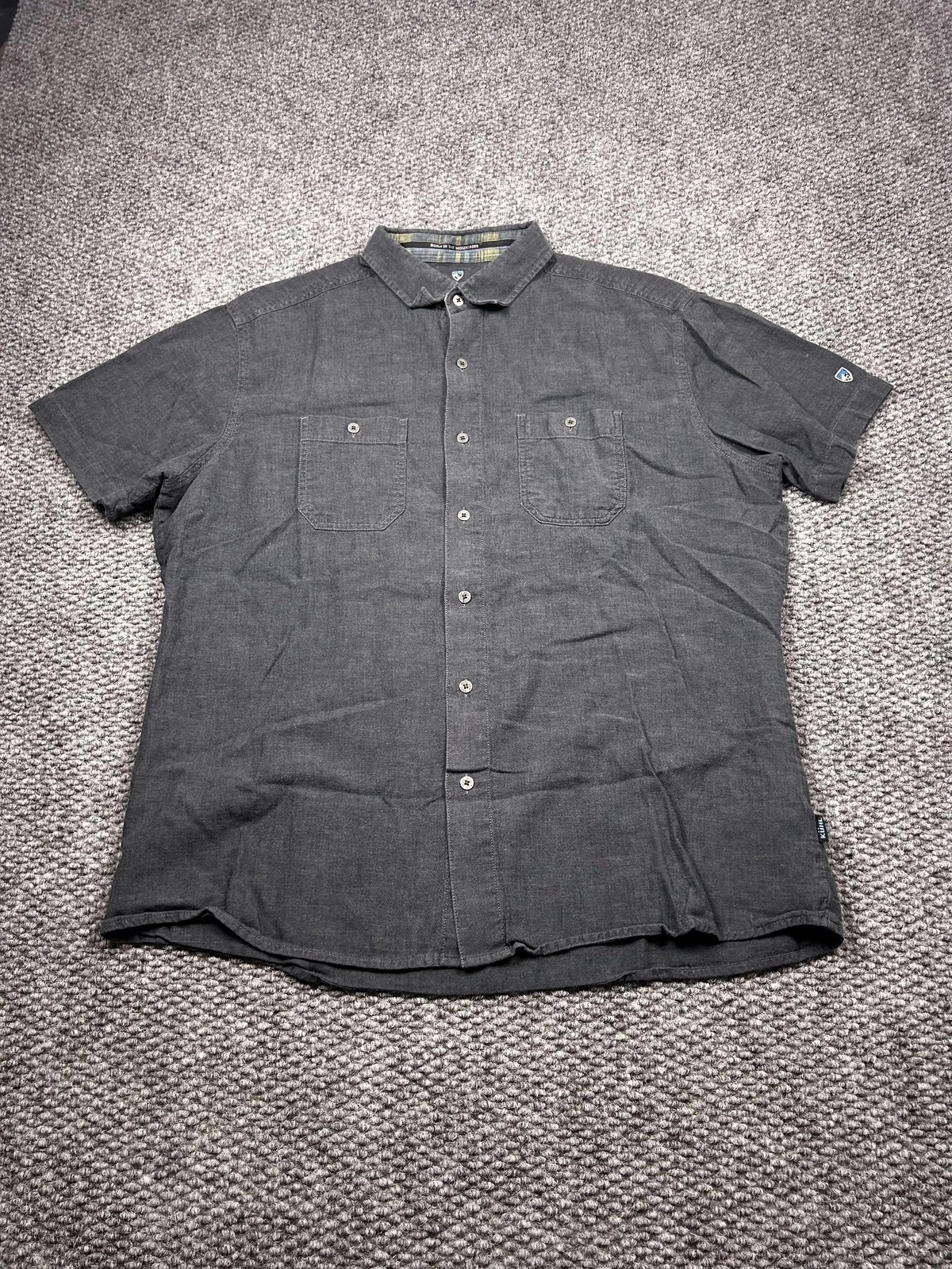 Kuhl Shirt Mens XL Charcoal Short Sleeve Button Down Linen Cotton Blend Outdoors