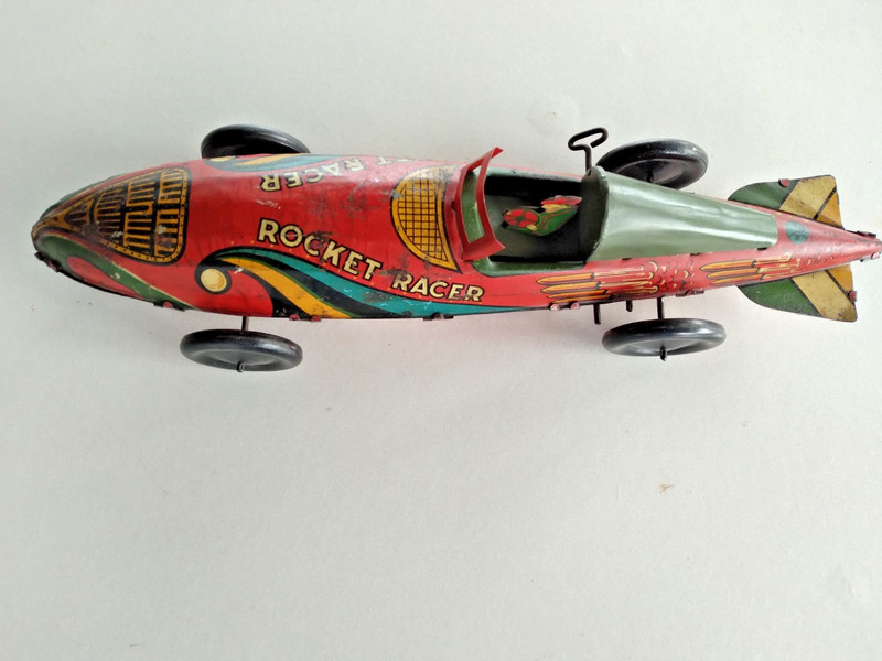 NICE 1950 Marx Vintage Tin Rocket Racer Wind-Up Race Car Toy Vehicle w/ Driver