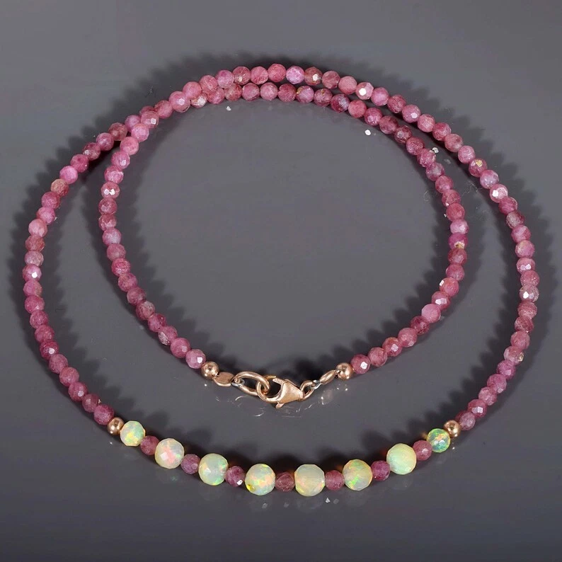 Vatslacreation Natural Ethiopian Welo Feueropal Pink Turmalin Kette 925 Silber - Bild 2 von 4