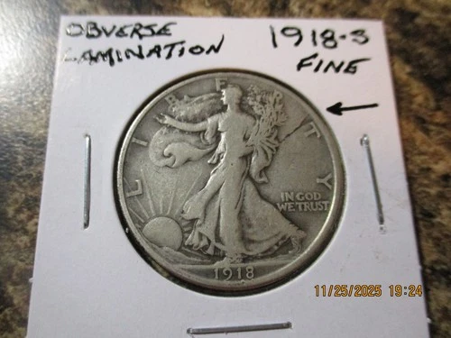 1918-S WALKING LIBERTY SILVER HALF DOLLAR FINE OBVERSE LAMINATION      WOA