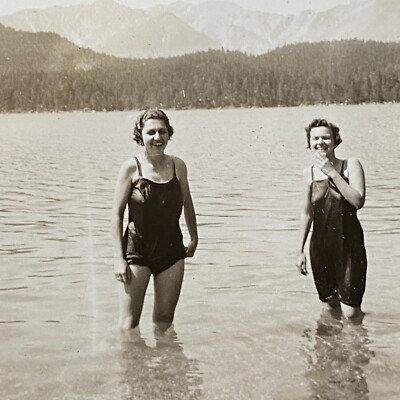 2 Ladies Swimming Lake Eibsee Germany Real Photo Snapshot Zugspitze 1936