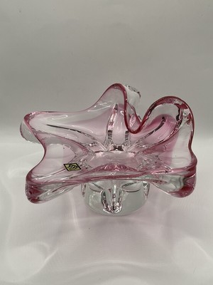 Large Czech Chribska Bohemian Pink and Clear Abstract Art Glass Dish Vintage MCM