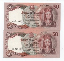 PORTUGAL 2 X 50 ESCUDOS 1964 PICK 168 RUNNING NUMBERS LOOK SCANS